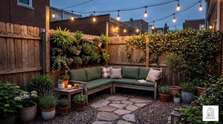 Small backyard patio with vertical planter wall cedar bench and string lights