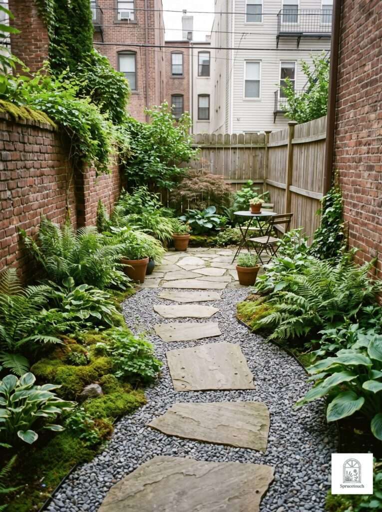 Flagstone pavers embedded in pea gravel for a small permeable backyard patio floor