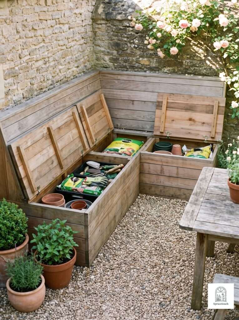Custom wooden L-shaped corner storage bench built for small backyard patio layout