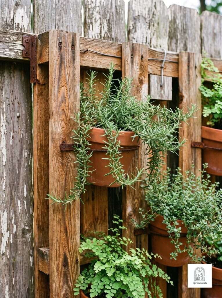 Vertical cedar slat planter wall with terracotta pots mounted on a wooden backyard fence