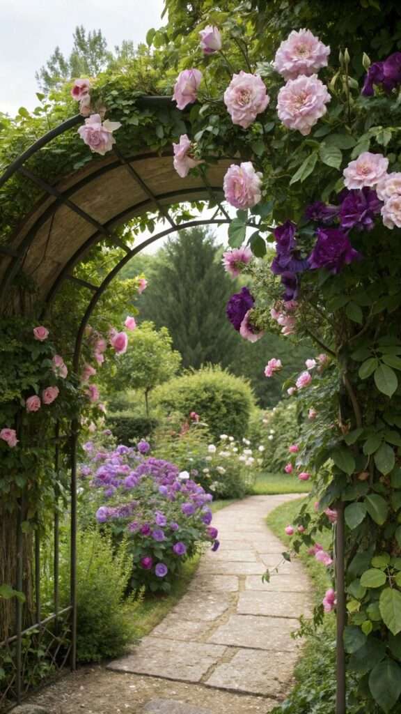 Climbing roses growing over a metal garden arch