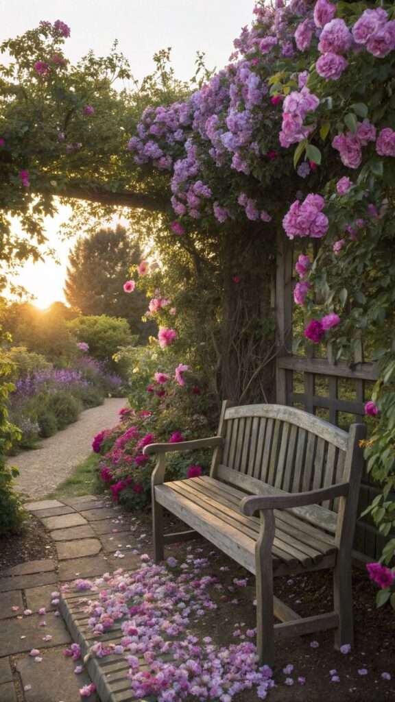 Fragrant roses and lavender planted near a garden bench