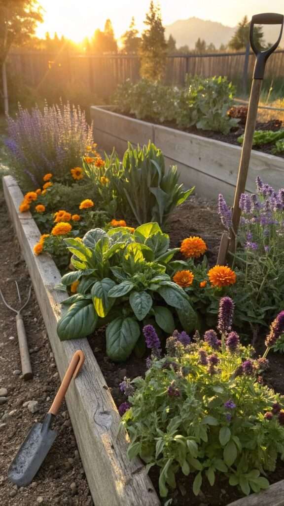 Herbs and vegetables mixed into a flowering cottage bed
