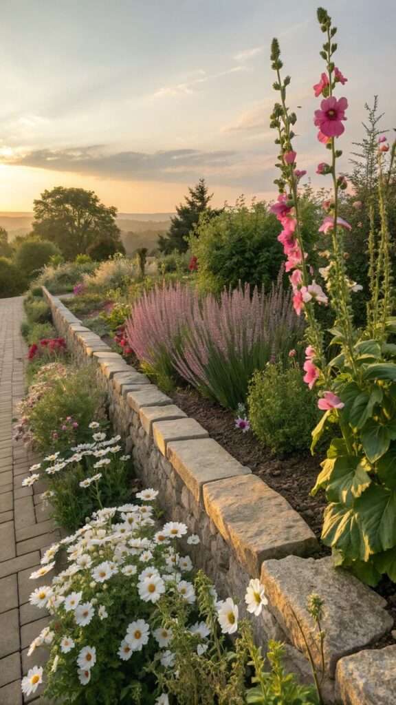 Layered cottage garden border with hollyhocks and daisies