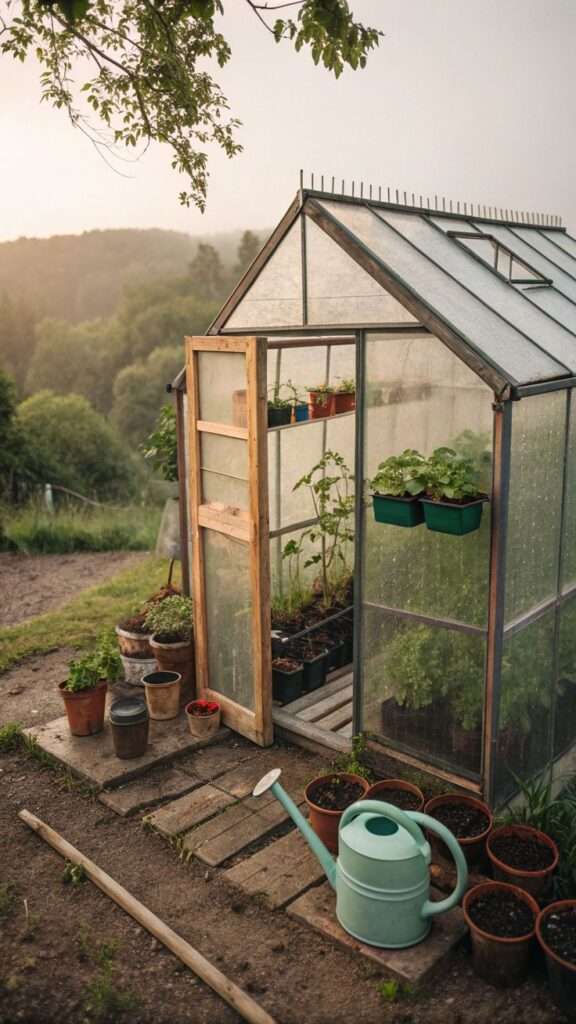 Mini greenhouse built from reclaimed windows in a garden
