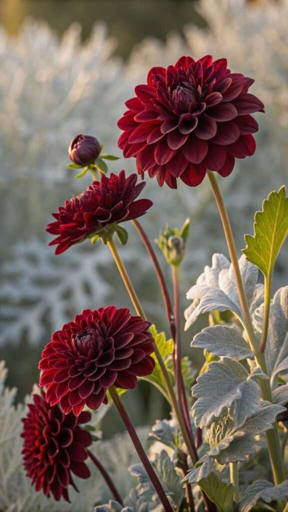 Moody garden corner with dark burgundy dahlias