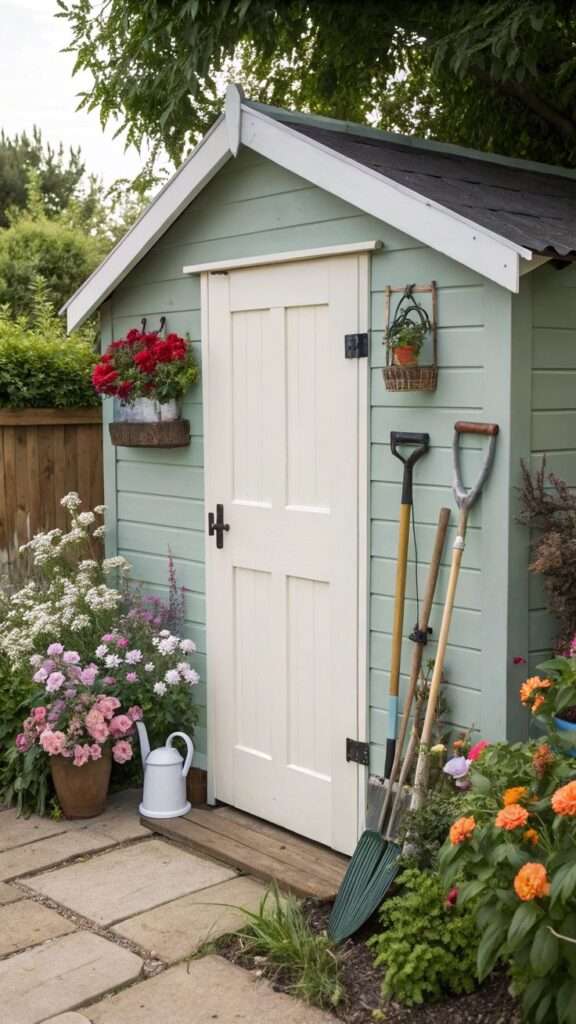 Garden shed painted in cheerful sage green and white trim