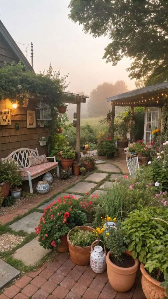 Personal touches like a vintage bench in a cottage garden