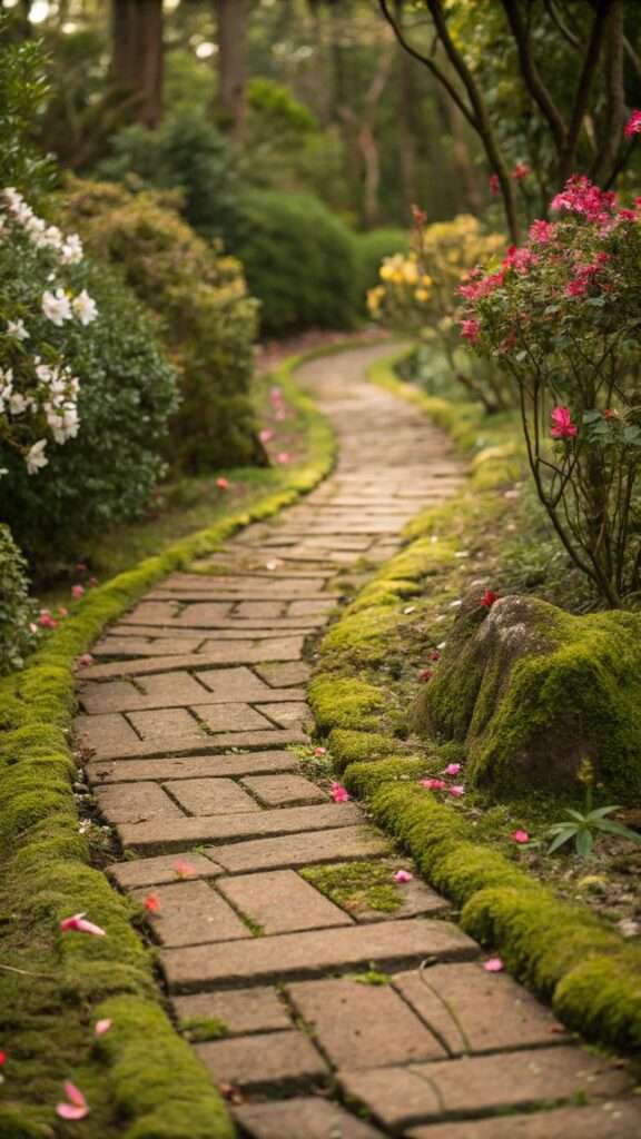 Rustic garden path made from reclaimed brick and stone