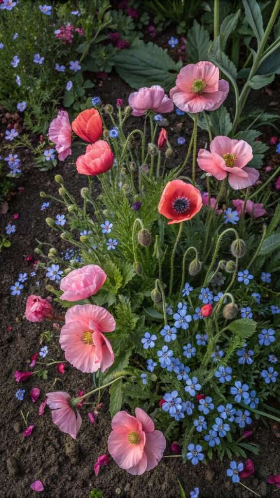 Self-seeded poppies in a wild cottage garden corner