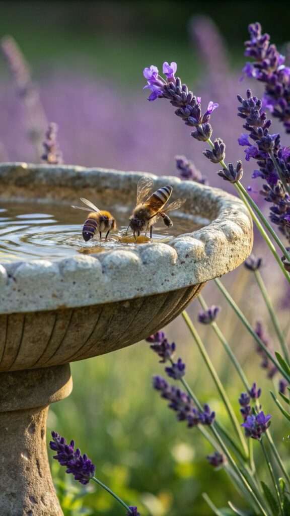 Shallow birdbath surrounded by a lavender bed
