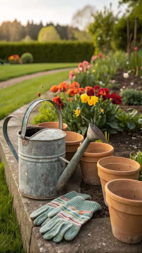 Vintage watering cans and terracotta pots used as garden decor