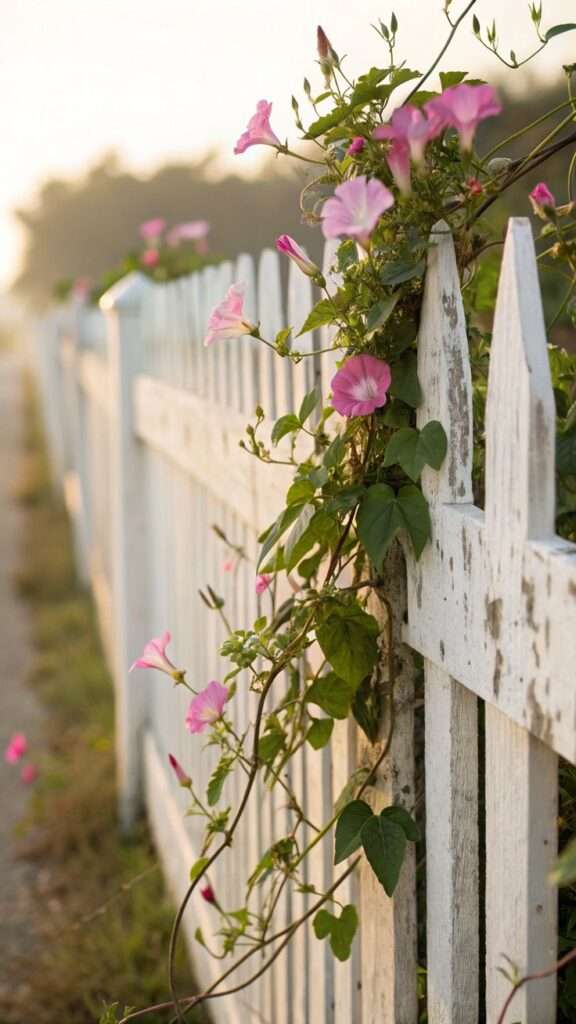 White picket fence with climbing sweet peas