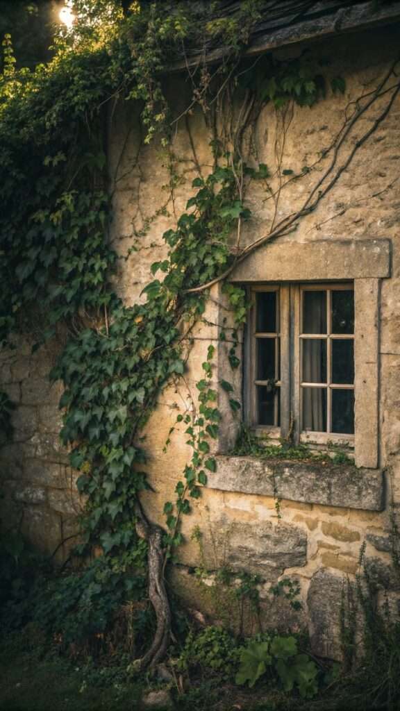 Ivy and vines climbing wild over a garden trellis