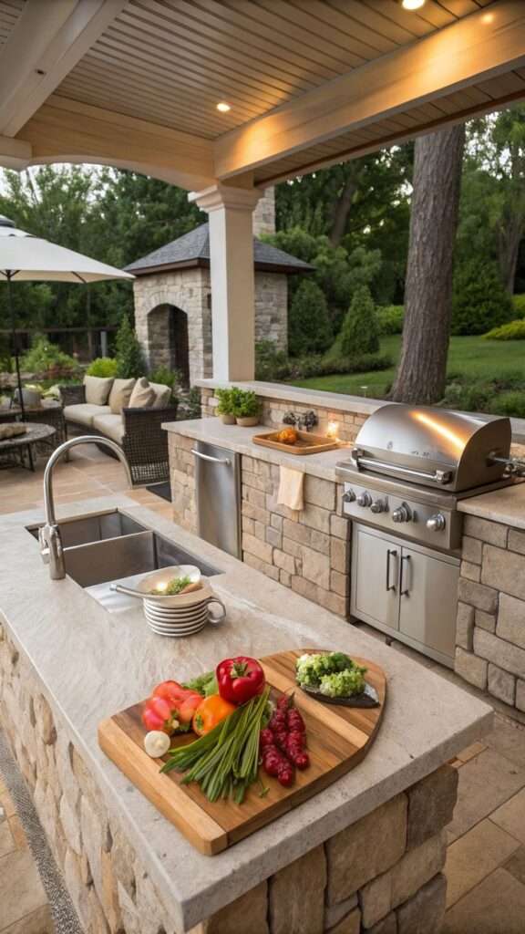 Outdoor BBQ kitchen with a built-in sink and prep station