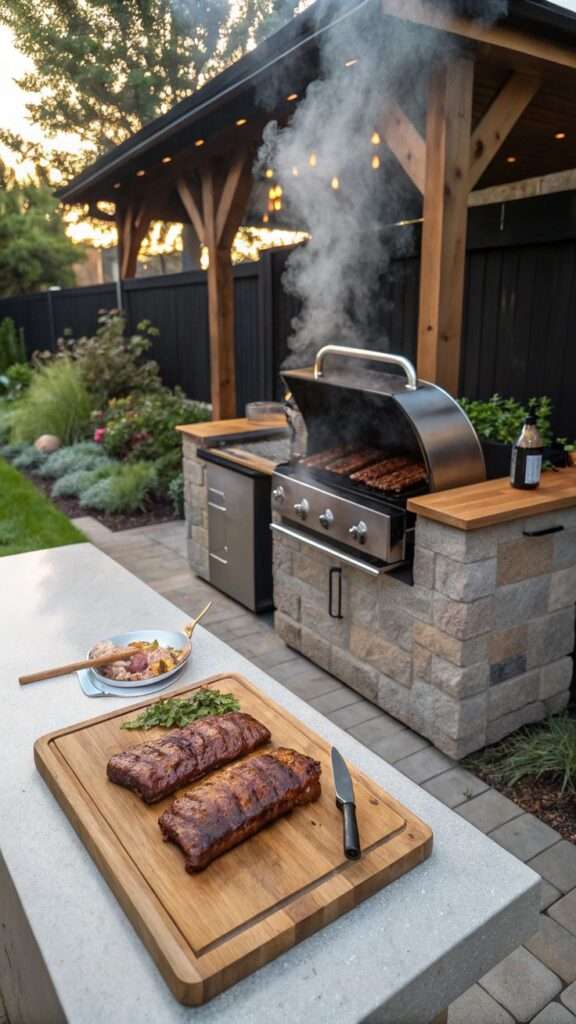 BBQ kitchen with a built-in smoker in a stone island
