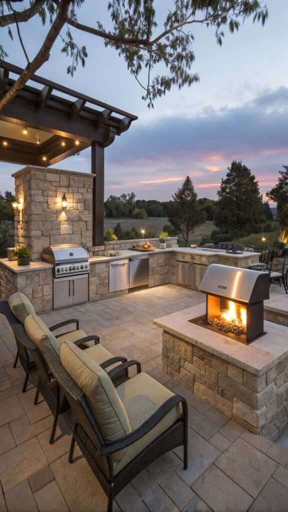 BBQ kitchen next to a cozy fire pit lounge area