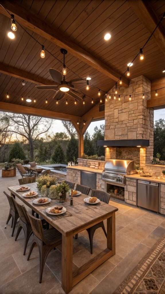 BBQ kitchen paired with a covered outdoor dining pavilion