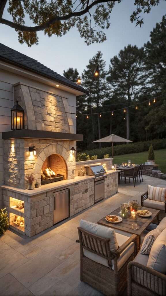 Outdoor BBQ kitchen combined with a stone fireplace