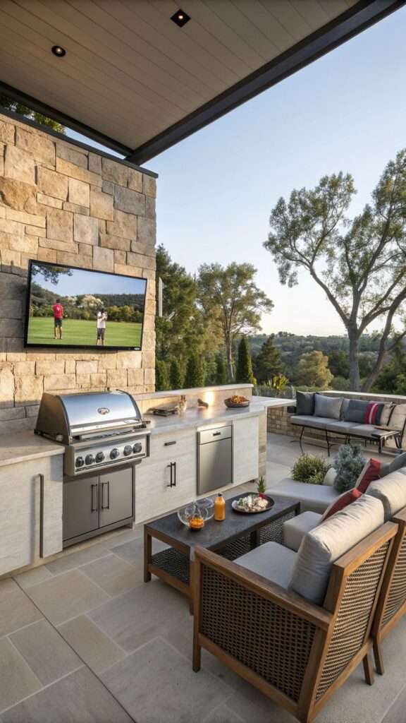 BBQ kitchen with a mounted outdoor TV entertainment zone