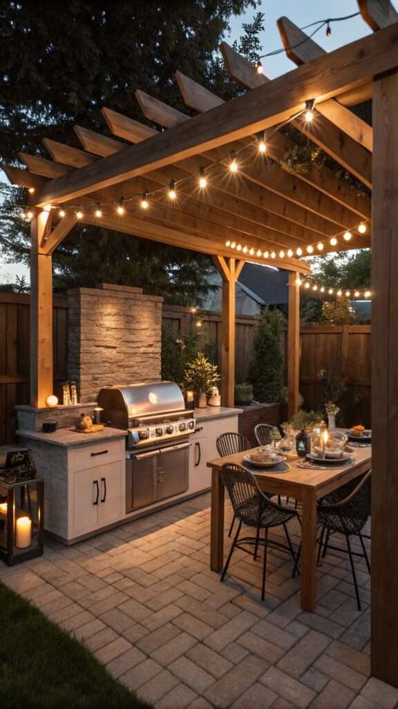 BBQ kitchen under a pergola strung with string lights