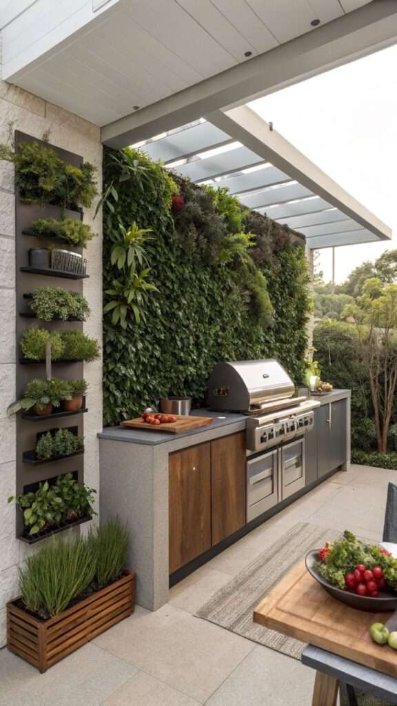 BBQ kitchen with a vertical greenery and herb wall