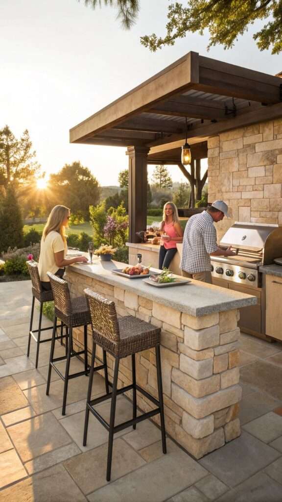 Built-in BBQ kitchen with bar seating and stools