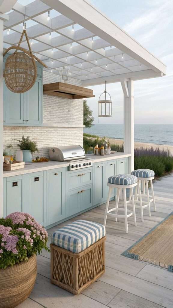 Coastal-style BBQ kitchen with white pergola posts
