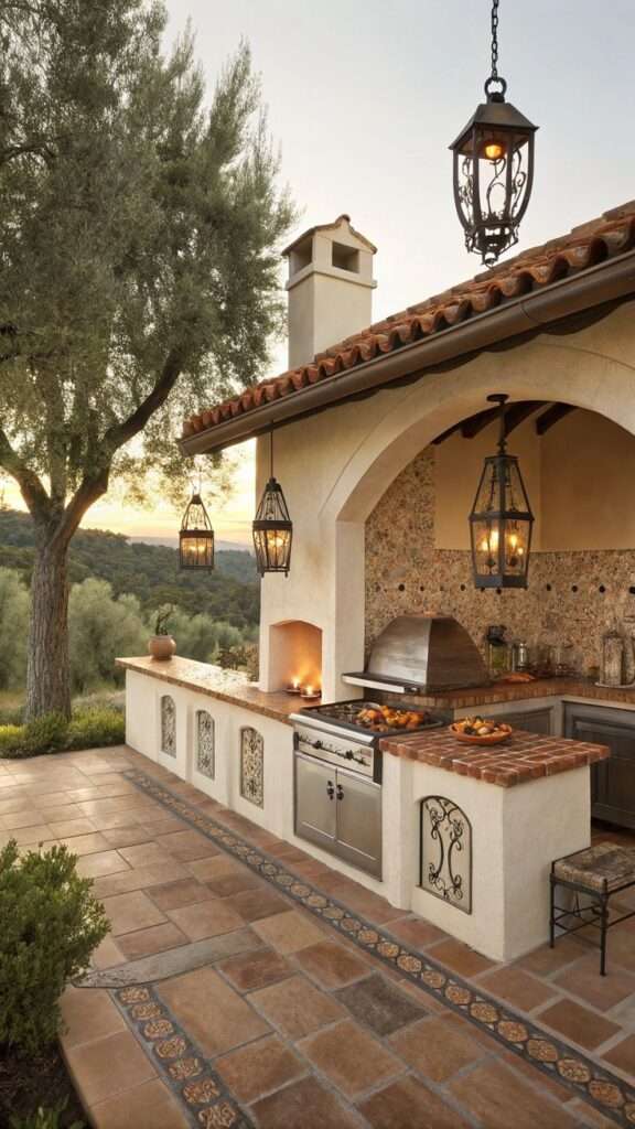 Mediterranean-style outdoor BBQ kitchen with terracotta tile