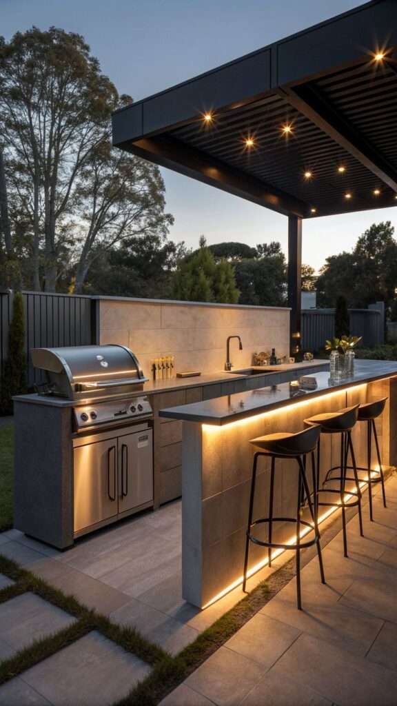 Modern stainless steel BBQ kitchen island with bar seating
