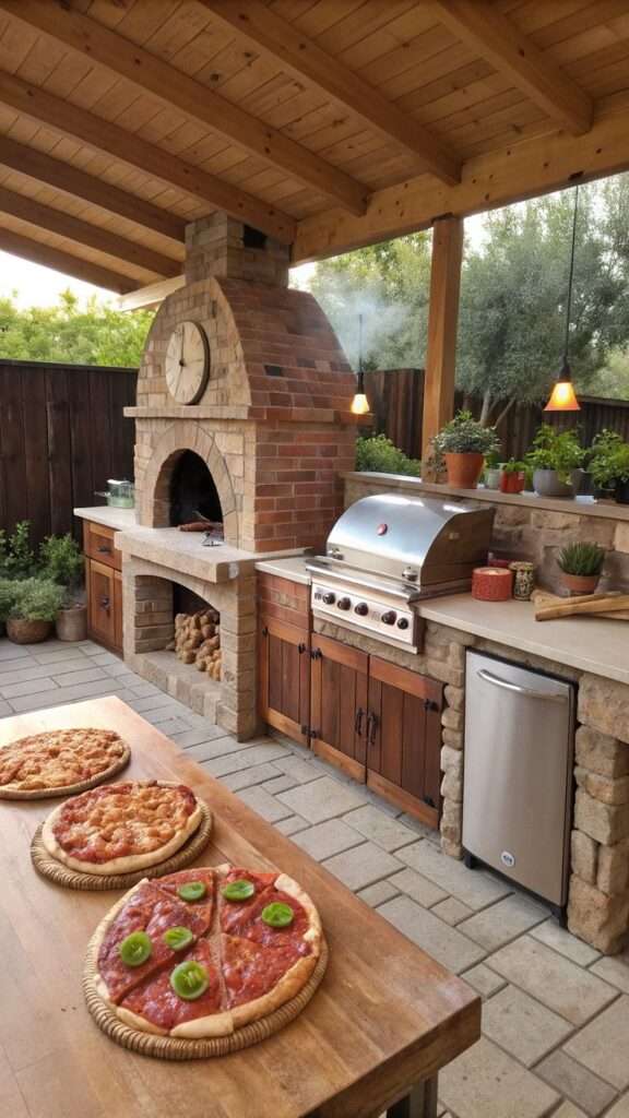 Outdoor BBQ kitchen with a built-in wood-fired pizza oven