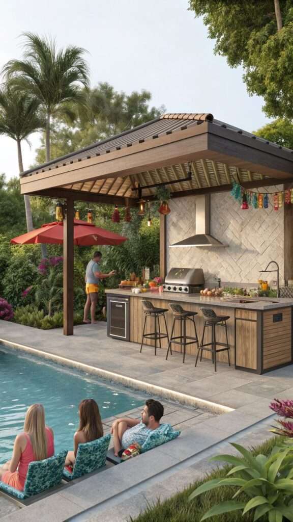 Poolside BBQ kitchen set up for a summer party