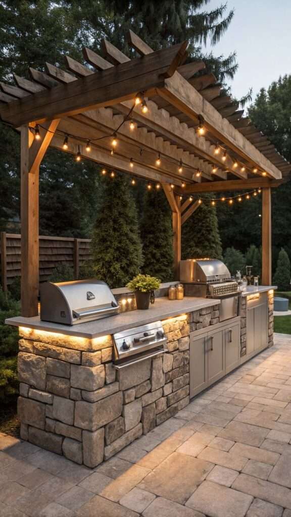 Rustic stone BBQ kitchen with a wooden pergola overhead