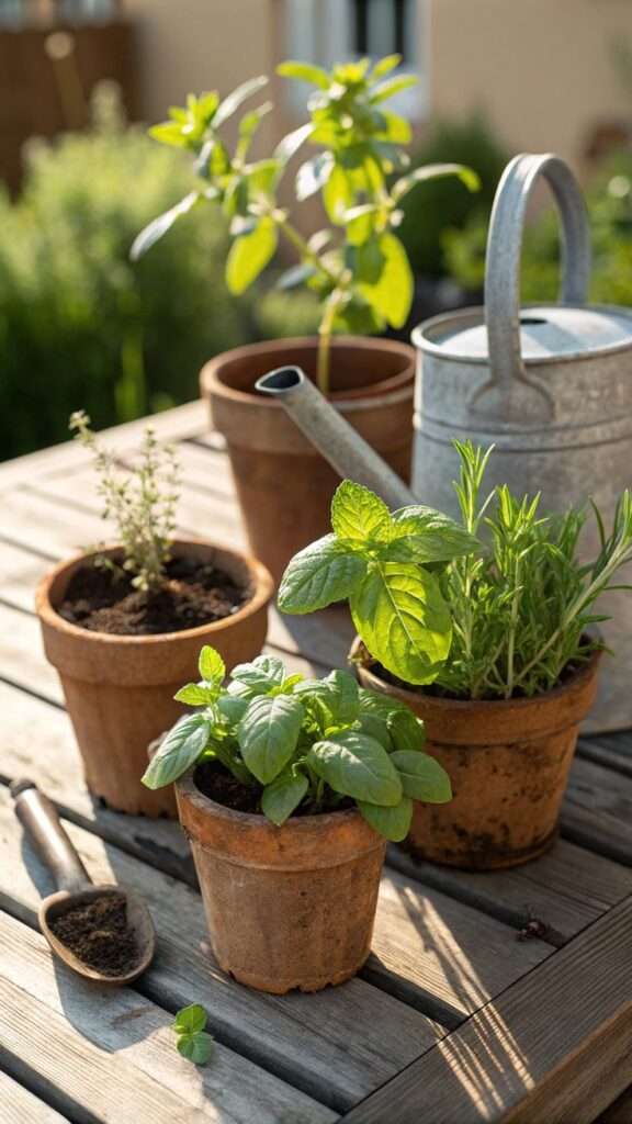 Backyard herb garden growing in mismatched containers