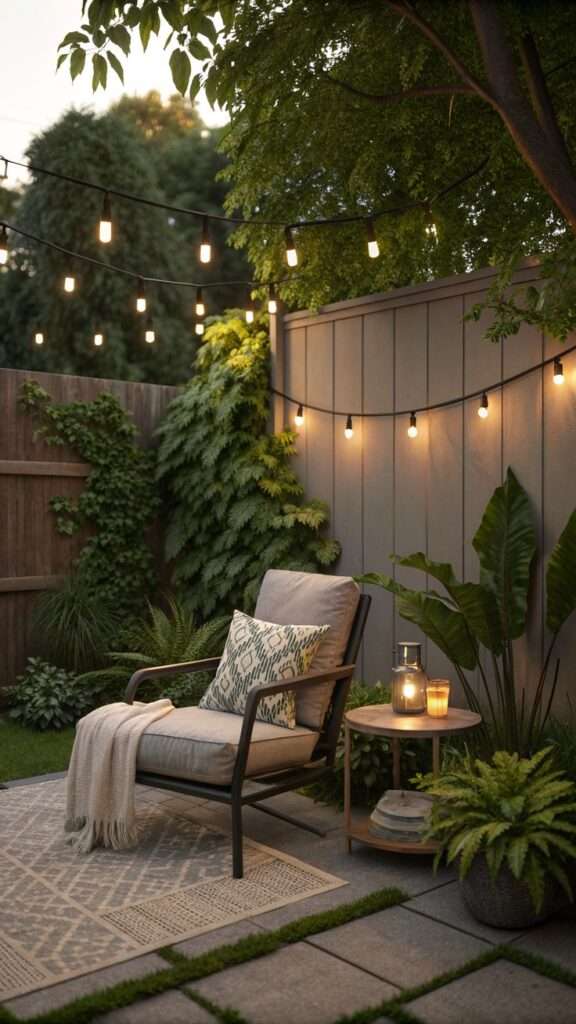 Cozy outdoor reading nook with a thrifted armchair