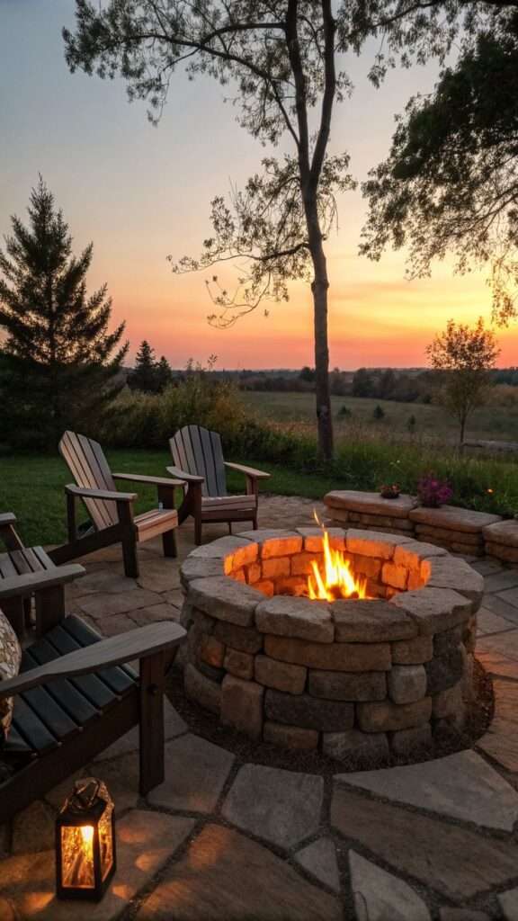 DIY fire pit made from concrete pavers in a backyard