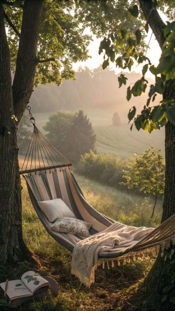 DIY hammock strung between two backyard trees
