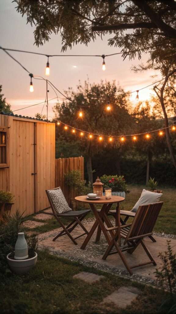 DIY outdoor dining nook with fairy lights