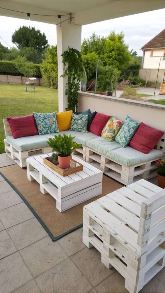 DIY pallet furniture sofa in a backyard seating area