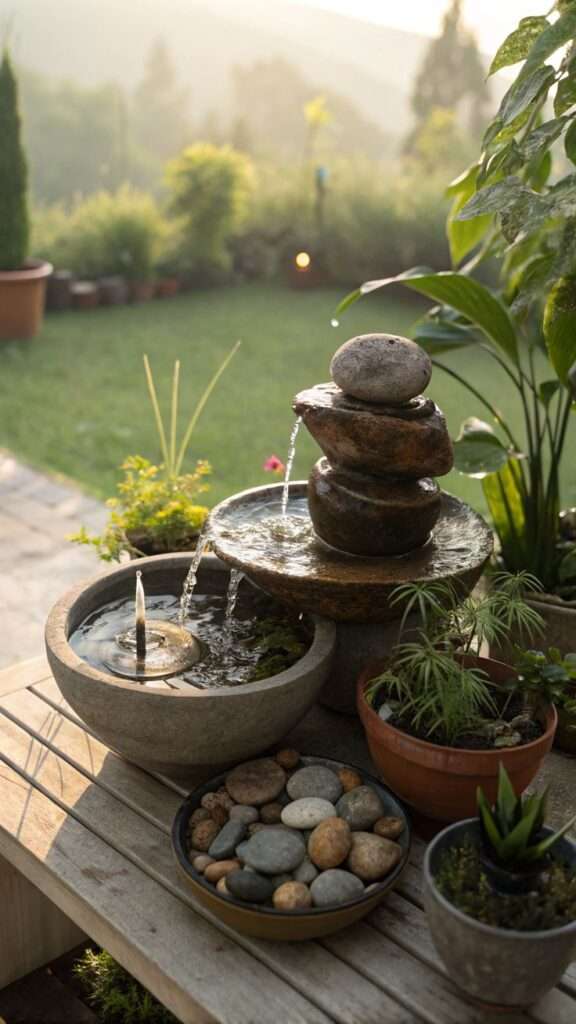 DIY tabletop water fountain on a patio