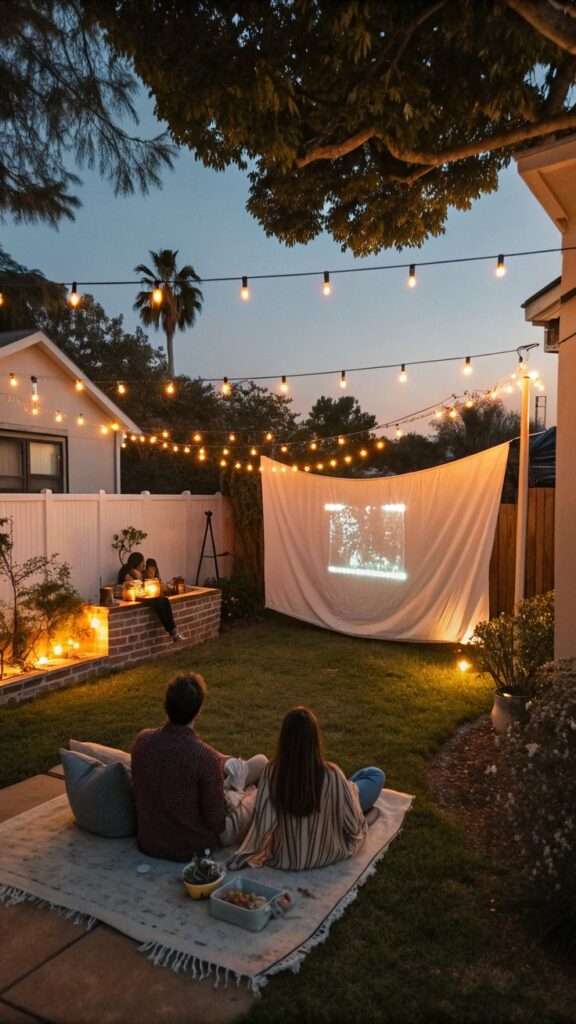 Outdoor movie night setup with projector and hanging sheet