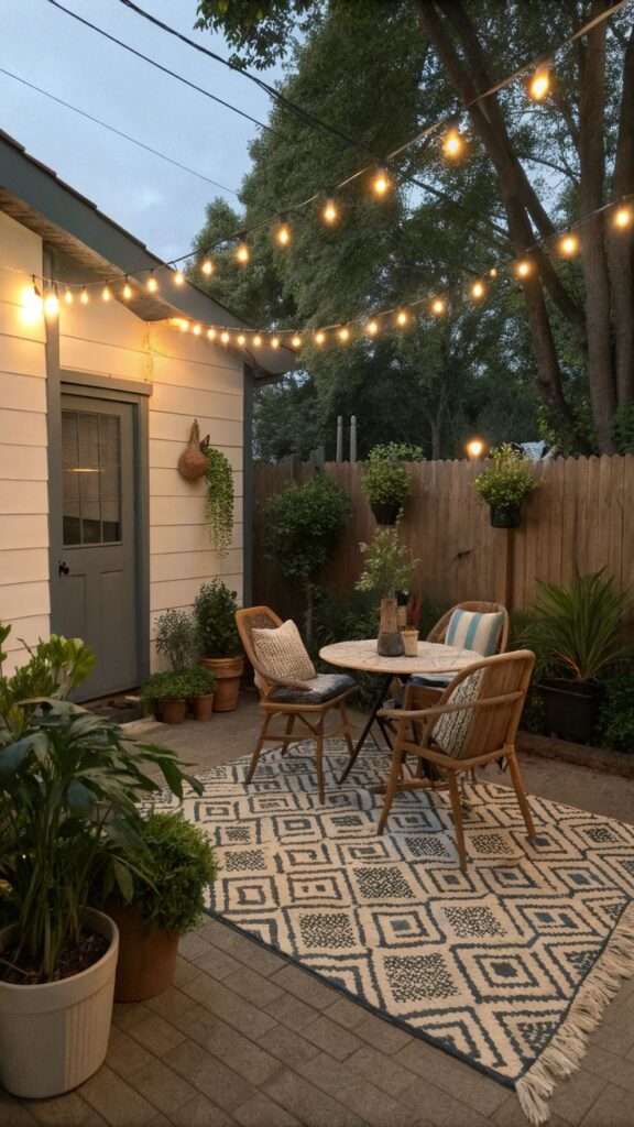Weatherproof outdoor rug under a patio seating area