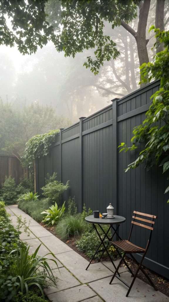Backyard fence refreshed with charcoal gray paint