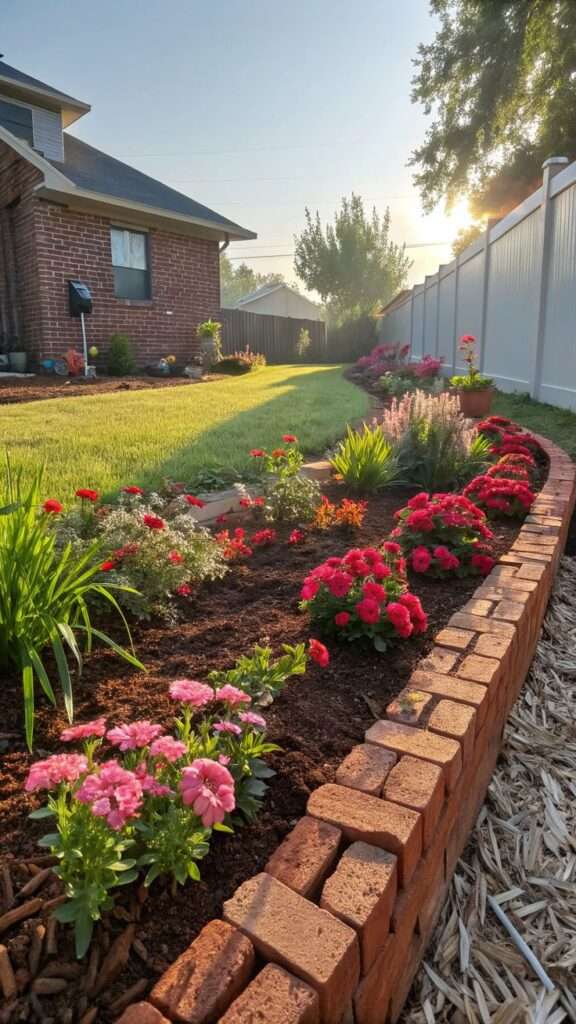 Recycled brick edging around backyard flower beds
