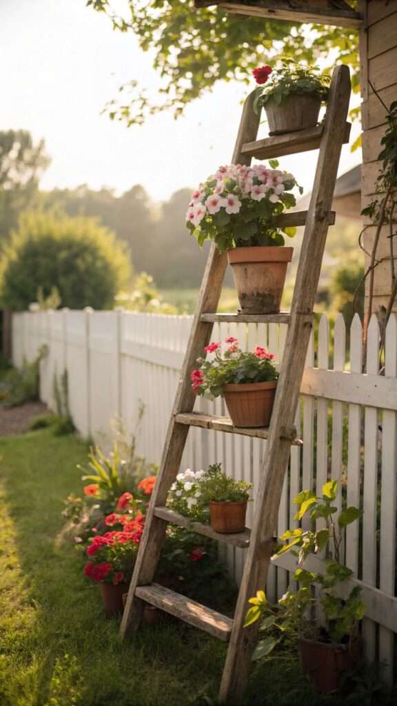 Repurposed wooden ladder used as a plant shelf