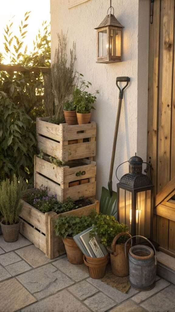 Repurposed wooden crates used for backyard storage