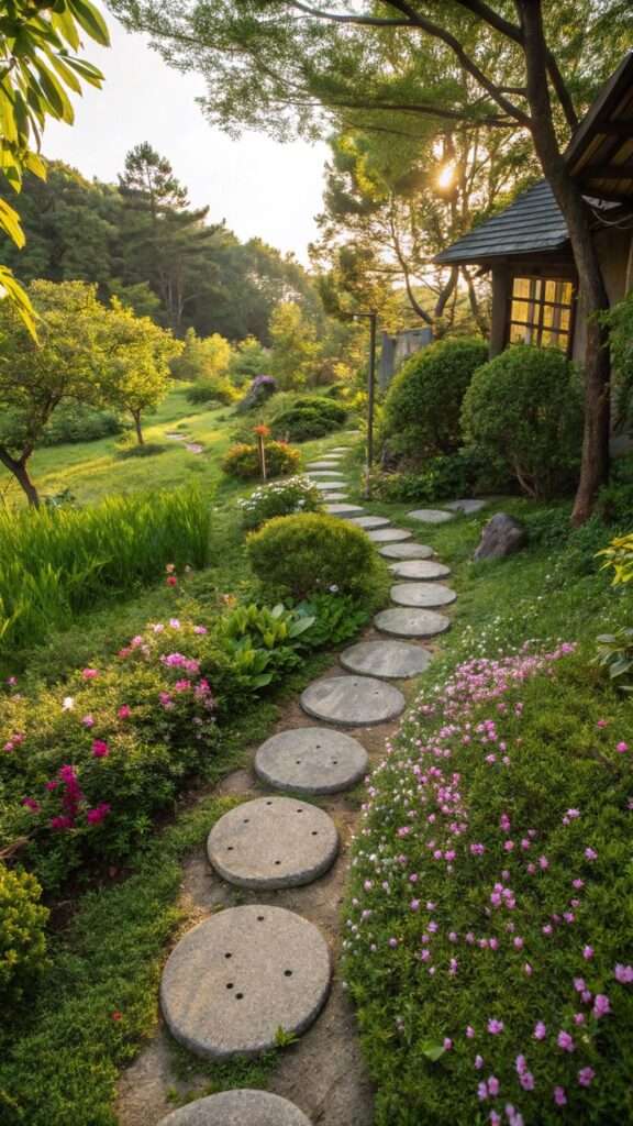 DIY stepping stone pathway through garden beds