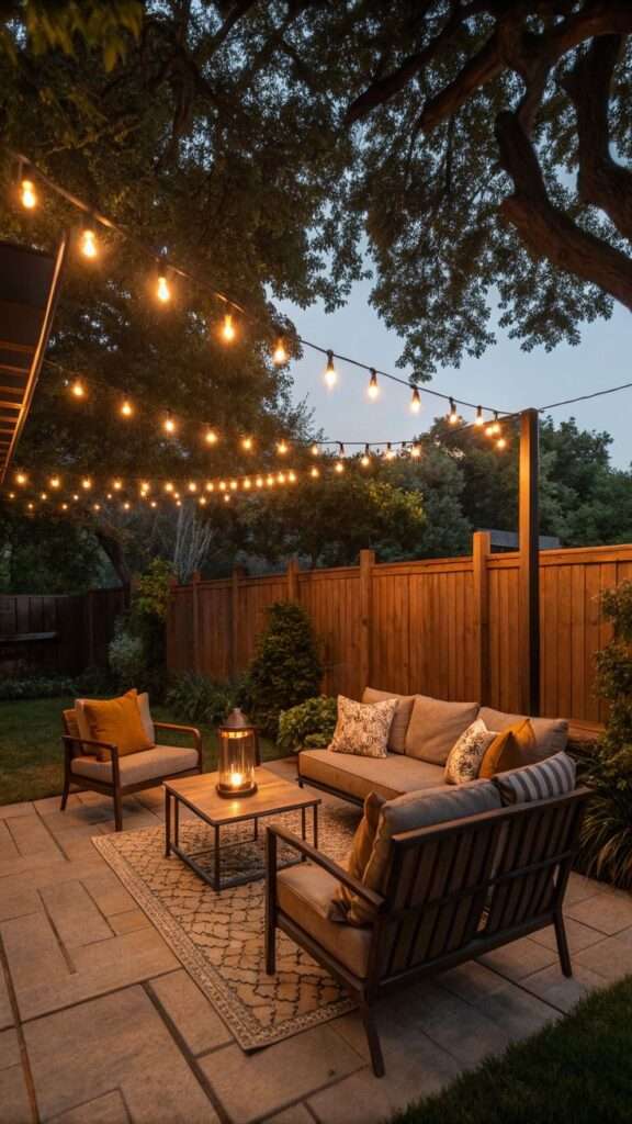 String lights hung over a patio for evening ambiance