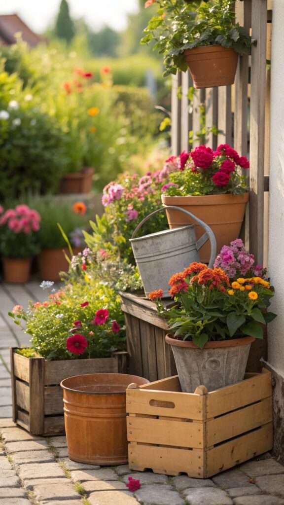 Thrifted terracotta planters used as garden decor