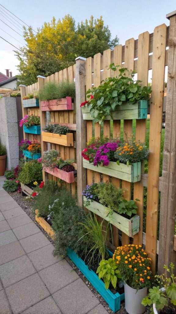 Vertical garden made from a wooden pallet in a small yard